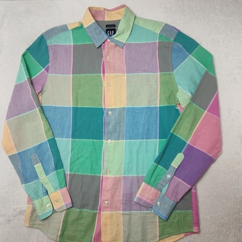 Gap Shirt Mens M Multicolor Plaid Button Up Long Sleeve Linen Cotton Casual